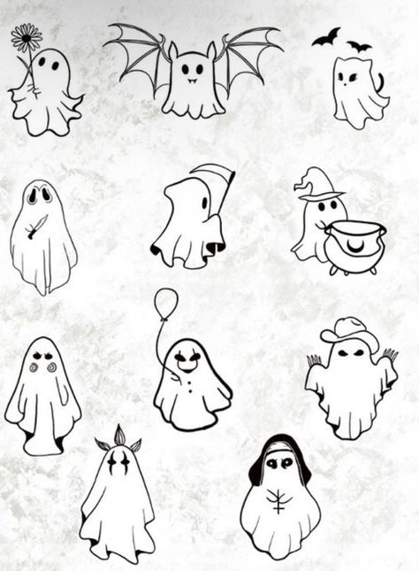 Cute Little Halloween Tattoos, Fineline Ghost Tattoo, Ghost Family Tattoo, Mini Spooky Tattoos, Small Simple Halloween Tattoos, Small Tattoos Halloween, Easy Halloween Tattoos, Tiny Spooky Tattoos, Small Ghost Tattoo Simple