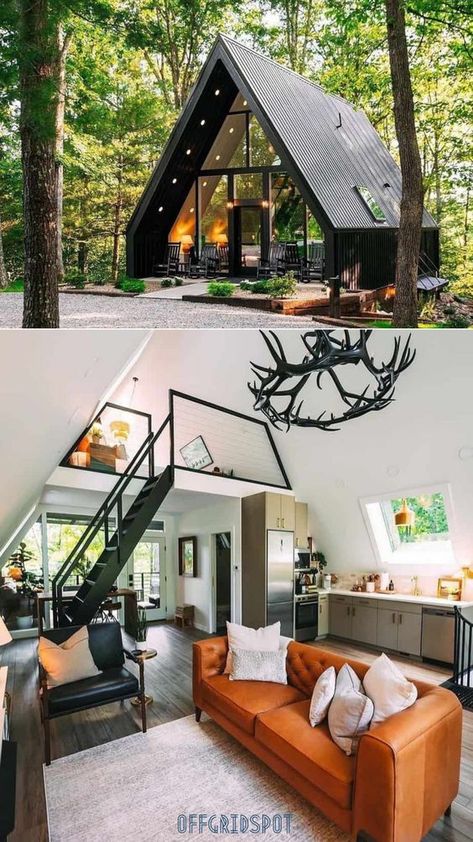 Delightful A-Frame Style Tiny House Cabin Modern Small Cabin Design, 800 Sq Ft A Frame House Plans, A Frame Tiny House Interiors, Tiny A Frame Interior, A Frame House Interior Design, French Country Tiny House, Tiny Home A Frame, A Frame Barndominium, Tiny House A Frame