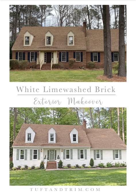 Redo Old Brick Home Exterior, Painted Brick House Exterior Brown Roof, Concrete Block House Exterior Makeover, Lime Washed Brick Exterior Ranch, Painting Brown Brick Exterior, White Brick Exterior Color Schemes, Half Brick Half Siding Exterior Remodel, Lime Washed Stone Exterior, Fixer Upper Exterior Paint Colors