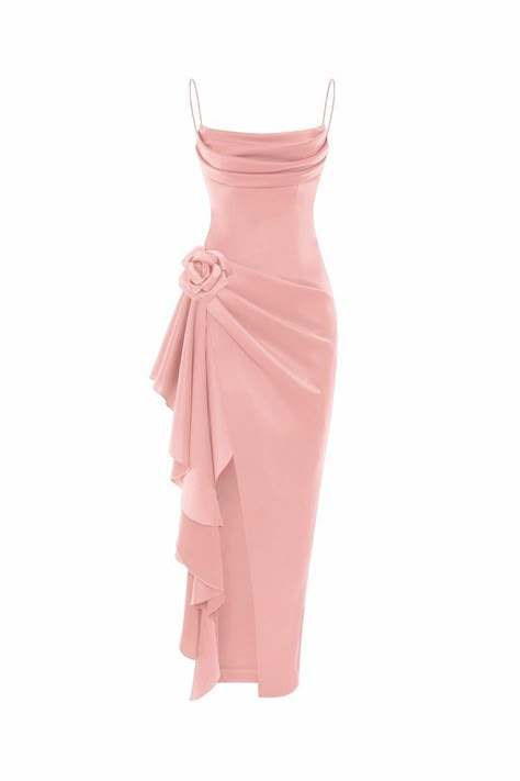 Flower embellished draped satin midi dress powder pink 7D290 – RASARIO Delicate Clothes, Sheer Socks, Perfect Closet, Thrift Flip, Mini Wedding, Grad Dresses, Satin Midi Dress, Glam Dresses, Grad Party