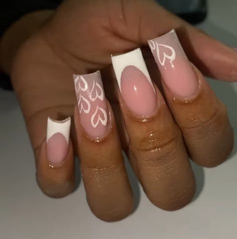 Heart On Ring Finger Nails, Summer Acrylic Nails Square Medium, Medium Square Acrylic Nails Spring, Cheap Acrylic Nail Ideas, Pink Inspo Nails, Nails With Numbers On Them, Simple White Acrylic Nails, Neon Square Nails, Nails Middle Length