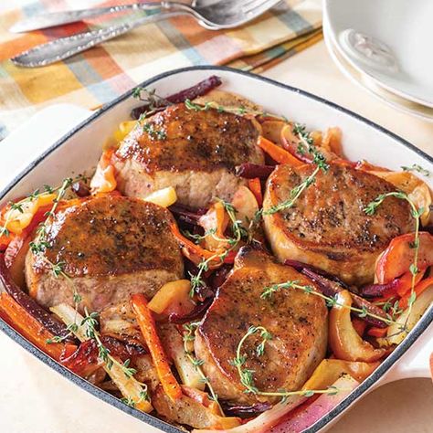 porkchops Paula Deen Magazine Dijon Pork Chops, Boneless Pork Loin Chops, Caramel Apple Spice, Paula Dean, Boneless Pork Loin, Roasted Apples, Pink Lady Apples, Pork Loin Chops, Rainbow Carrots