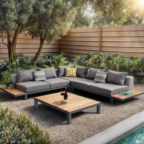 Polo Mid Century Modern Aluminum and Teak 4 Piece Outdoor Patio Sectional Set - Bed Bath & Beyond - 14782007 Oversized Coffee Table, Snack Trays, Patio Seating Sets, Chic Coffee Table, Aluminum Patio, Patio Sectional, Modular Sectional Sofa, Modern Patio, Deck Ideas