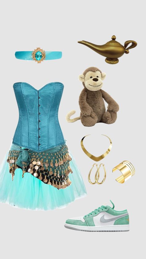 Cute jasmine Halloween costume inspo Jeanie Costume Halloween, Princess Jazmin Halloween Costume, Halloween Costume Shuffles, Princess Yasmin Costume, Jasmine Dress Inspired Outfits, Jasmine Halloween Costume College, Jasmine Costume Ideas, Jasmine Costume Halloween, Thumper Costume