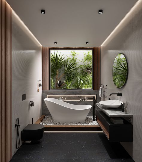 Minimalist Interior Design Bathroom, Minimalist Luxury Bathroom, Big Luxury Bathroom, Modern Tropical Bathroom, Bathroom Bathtub Ideas, Big Modern Bathroom, Modern Minimalist Bathroom Design, Tropical Bathroom Design, Luxury Toilet Design