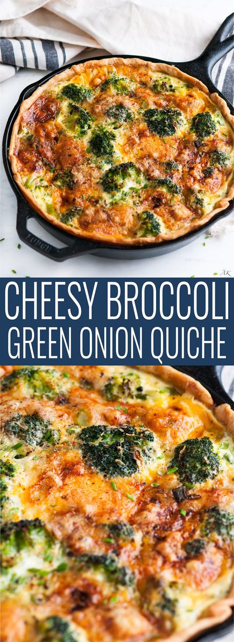 Cheesy Broccoli Green Onion Quiche Onion Quiche Recipes, Green Onion Quiche, Quiche Feta, Brunch Recipies, Meatless Breakfast, Green Onions Recipes, Onion Quiche, Delicious Quiche, Savoury Pies