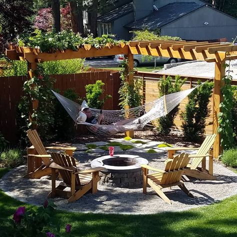 Backyard Corner Ideas Fire Pit Area, Sunken Fire Pit With Pergola, Hammock Near Fire Pit, Outdoor Patio Ideas Small Spaces With Fire Pit, Swinging Chairs Around Fire Pit, Fire Pit Corner Of Yard, Corner Pergola Fire Pit, Hammock And Fire Pit Area, Garden Beds Around Fire Pit