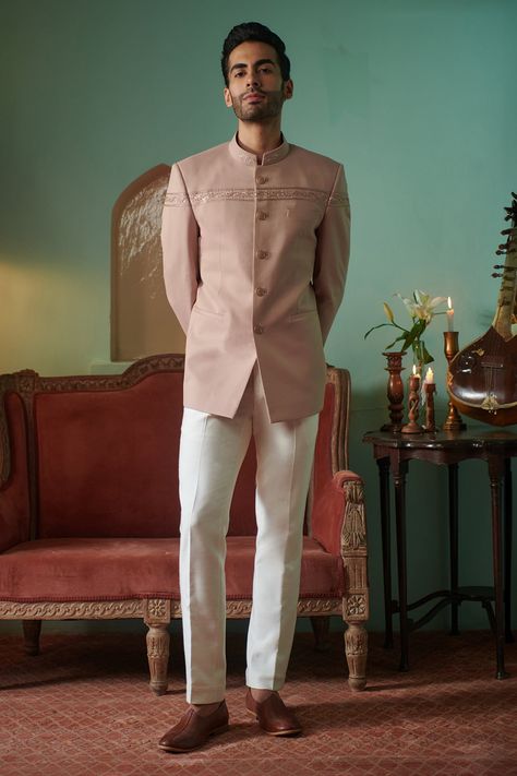 Shop for these amazing collections of Pink 100% Wool Embroidery Cutdana Roseate Bandhgala For Men by Philocaly online at Aza Fashions. Beige Bandhgala, Engagement Outfit For Man, Jodhpuri Suits For Men Wedding, Indo Western Outfits For Men, Bandhgala For Men, Suit For Men Wedding, Jodhpuri Suits For Men, Guys Fashion Casual, Kurta Pajama Men