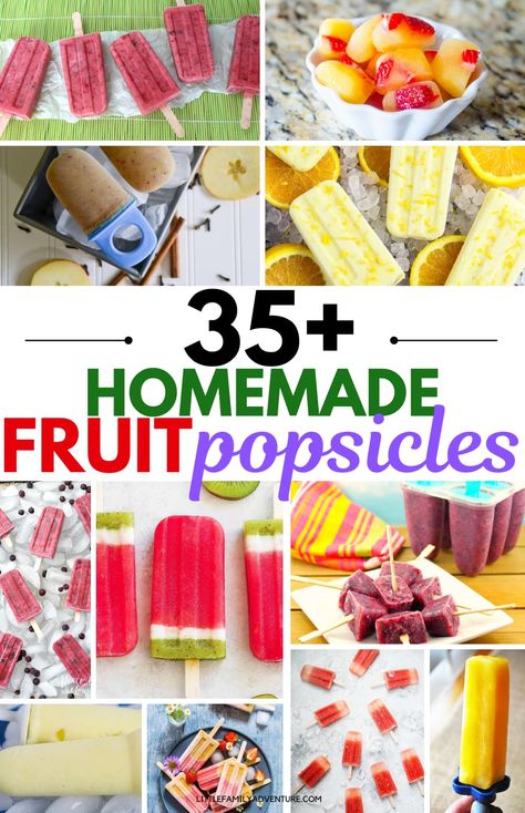 Snack on these homemade fruit popsicles. We've gathered together over 35 healthy and delicious frozen ice pop recipes featuring fresh or frozen fruit and/or fruit juices for snacks that will delight. Children love the flavors and parents enjoy the whole food goodness in every bite. #frozentreat #dessert #healthysnack Mango Popsicle Recipes, Fruit Popsicle Recipes, Easy Popsicle Recipes, Sugar Free Popsicles, Homemade Fruit Popsicles, Cherry Popsicles, Peach Popsicles, Frozen Fruit Bars, Sherbet Recipes