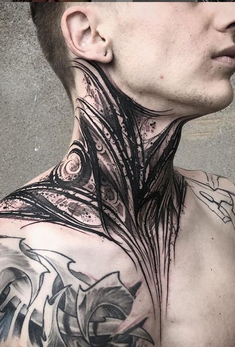 Neck And Throat Tattoos Men, Chest Neck Tattoo, Blitz Tattoo, Tattoo Espalda, Full Neck Tattoos, Best Neck Tattoos, Backpiece Tattoo, Girl Neck Tattoos, Throat Tattoo