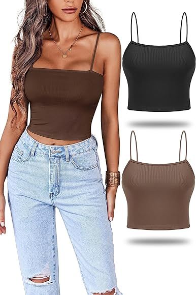 Ekouaer Women's 2 Piece Crop Camisole Top Spaghetti Straps Tank Top Sleeveless Basic Cami Shirts Tube Tops, Black + white : Amazon.de: Fashion Tops Amazon, Cami Shirt, Cropped Camisole, Womens Camisoles, Tube Tops, Spaghetti Strap Tank Top, Tops Black, Top Sleeveless, Tube Top