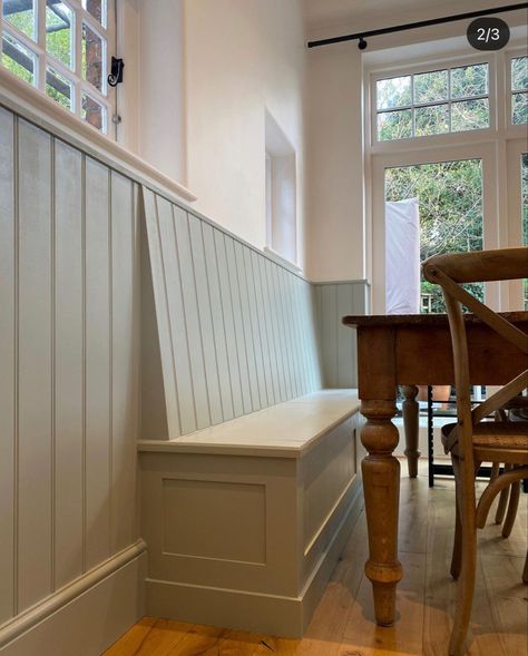 Panelled Bench Seating, Wall Bench Dining Room, Built In Seating Kitchen, Corner Entryway Bench, Dinning Room Bench, Built In Bench Kitchen, Built In Dining Bench, Booth Seating In Kitchen, Corner Entryway