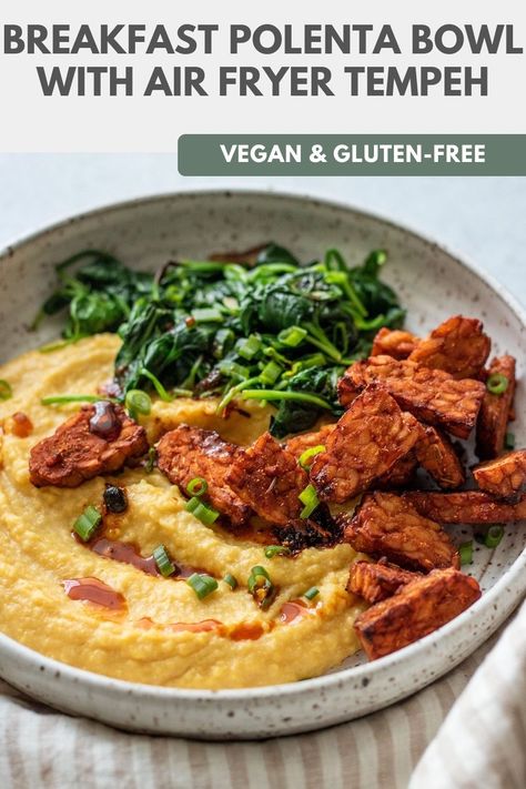 Vegan Breakfast Polenta Bowl - creamy miso polenta topped with smoky air fryer tempeh, this meal is savory, satisfying and easy to make. Air Fryer Tempeh, Polenta Bowl, Polenta Breakfast, Breakfast Polenta, Breakfast Snap, Marinated Tempeh, Vegan Breakfast Options, Tempeh Recipes, Vegan Brunch