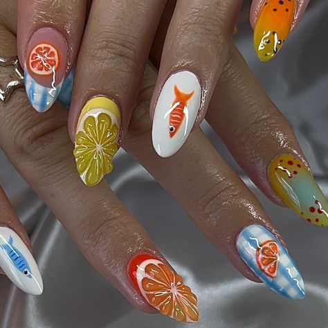 Europe Nails 🍊🍋🎏 • • #nails #nailsofinstagram #nailart #nail #nails💅 #nailinspo #nailinspiration #nailsdesign #naildesigns #nailtech #nailartist #nashville #acrylicnails #nashvillenails #nashvillenailtech #nailsoftheday #nailsofinsta #nailsofnashville #explore #explorepage #explorepage✨ #nailedbyshev #trending #trendynails #nailsnailsnails #europe #vacationnails #summernails #fruitnails #orangenails Grapefruit Nails, Pool Nails, Lemon Nails, Beach Nail Designs, Summer Nails Beach, Summer Manicure, Summery Nails, Vacation Nails, Beach Nails