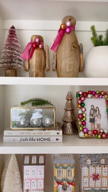 Simple Colorful Christmas Decor, Diy Present Decor, Boho Christmas Shelf Decor, Christmas Decor Anthropologie, Anthro Christmas Decor, Whimsicle Christmas Decor, Anthropology Christmas Aesthetic, Shelves Decorated For Christmas, Anthropology Christmas Decor