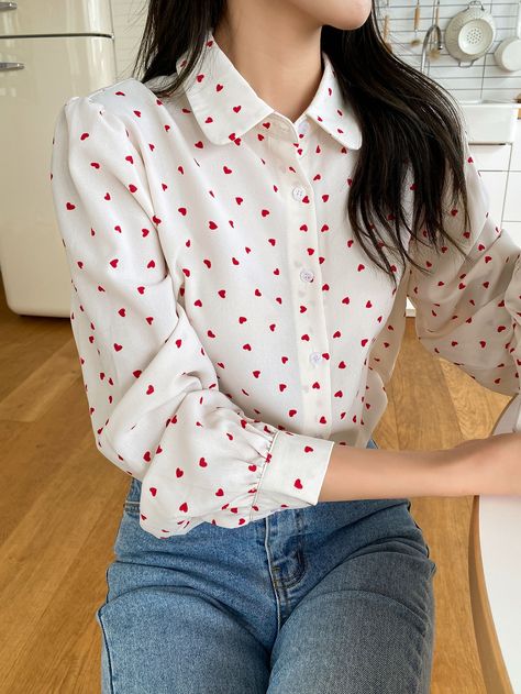 White Casual Collar Long Sleeve Fabric Heart,All Over Print Shirt Embellished Non-Stretch Spring/Fall Women Tops, Blouses & Tee White Shirt With Red Heart, Heart Print Clothes, Heart Print Outfit, Red Heart Shirt, Collar Shirts Women, Peter Pan Collar Shirt, Heart Print Dress, Heart Blouse, White Confetti