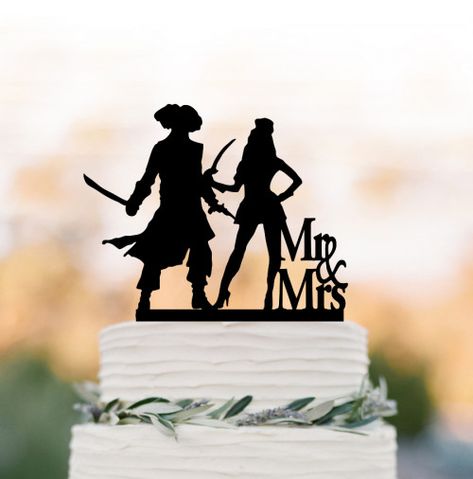 Pirates theme wedding cake topper Mr and Mrs, groom Pirate cake topper Pirate Silhouette, Pirate Wedding Theme, Pirate Cake Topper, Woman Pirate, Pirates Theme, Cake Elegant, Pirate Wedding, Creative Wedding Cakes, Pirate Cake