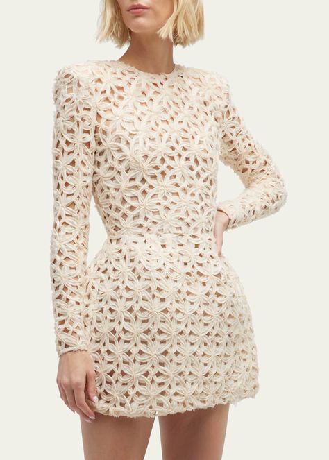 Beige Fit And Flare Mini Dress, Feminine Fitted Mini Crochet Dress, Chic Crochet Evening Dress Mini Length, Chic Crochet Mini Dress For Evening, Beige Crochet Mini Dress For Party, Spring Beige Dress With Back Zipper, Beige Spring Dress With Back Zipper, Spring Evening Mini Crochet Dress, Spring Evening Crochet Mini Dress