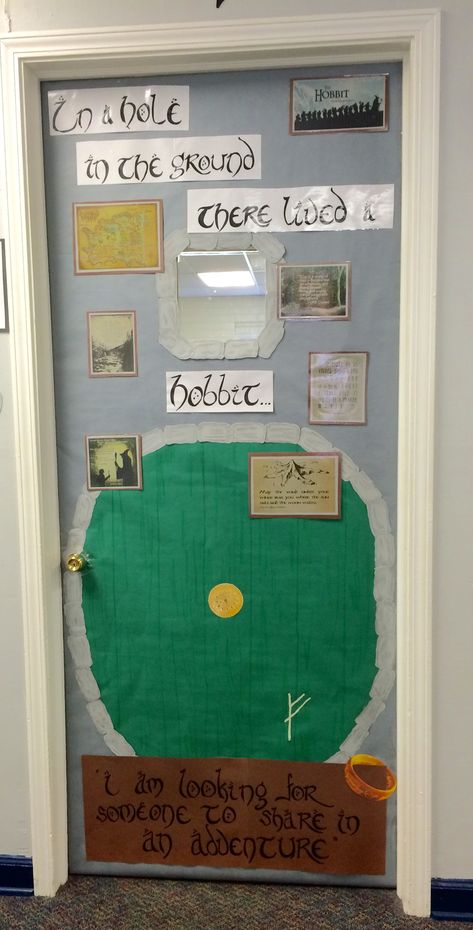 Hobbit classroom Hobbit Classroom Door, Teaching The Hobbit, The Hobbit Classroom Decor, Lord Of The Rings Bulletin Board, Hobbit Classroom Theme, Fantasy Classroom Decor, Lord Of The Rings Classroom, Hobbit Decorations, Hobbit Crafts