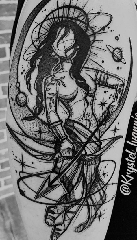 Warrior Theme Tattoo, Goddess Warrior Tattoo, Women Figure Tattoo, Tattoo For Women Upper Arm, Feminine Warrior, Tato Realis, Artemis Tattoo, Archer Tattoo, Sagittarius Tattoo Designs