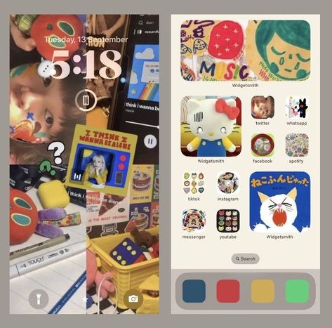 Colorful Ios Icons, Yellow Ios 16 Homescreen, Widget Ideas Colorful, Ios 11 Home Screen Ideas, Hello Kitty Wallpaper Icons, Iphone 12 Widget Layout, Phone Themes Colorful, Indie Phone Layout, 90s Phone Theme