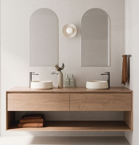 Double Basin Bathroom, Timber Bathroom, Arch Mirrors, Timber Vanity, Shaving Cabinet, Smart Bathroom, Traditional Mirrors, Bathroom Reno, Red Dot Design