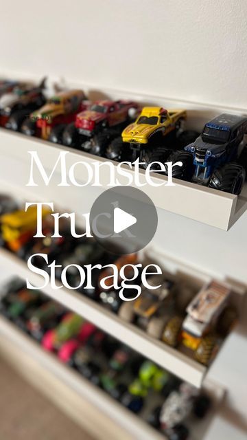 Melissa Kate on Instagram: "IKEA monster truck storage hack. The picture shelf makes for the perfect parking spot 🚗 Comment “LINK” and I’ll send you the details. Follow @bymelissakate for more fun ideas!  #ikea #ikeahacks #playroom #ikea #ikeastyle #kidsroom #kidsroom #kidsbedroom #kidsbedroomdecor #aesthetic #kidsroomchallenge #kidsinspo #kidsplayroom #kidsplayarea #montessori #toddlermom #boymom  #momsofinstagram #momtips #toddler #kids #toddlerfun #boymoms #boymama #boys #viralvideo #momblogger #motherhood #dadlife #monstertrucks #monsterjam #hotwheels #dadlife" Ikea Hot Wheels Storage, Car Toys Storage Ideas, Monster Truck Storage Ideas Diy, Shelf For Monster Trucks, Monster Jam Storage Ideas, Cars Storage For Kids, Diy Monster Truck Storage, Monster Truck Playroom, Hot Wheels Monster Truck Storage