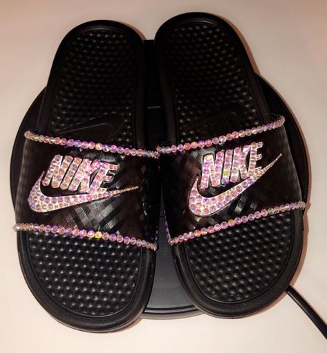 Custom Rhinestone Nike Slides | Etsy Black Nike Slides, Drip Shoes, Nike Drip, Nike Benassi Slides, Interesting Shoes, Nike Slippers, Cute Slides, Shoes Slides, Crocs Fashion