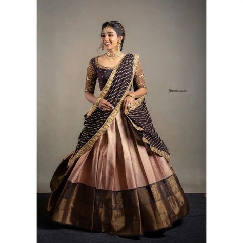 Half Saree Combinations, Traditional Half Saree Designs Pattu, Blouse Designs Latest For Half Saree, Half Saree Colour Combinations, Half Saree Lehenga Color Combinations, Half Saree Models Latest, Half Saree For Wedding, Fancy Half Sarees, Latest Half Saree Designs