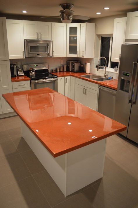 Epoxy Counter Tops by Jennifer Haley - Contemporary - Kitchen - Miami - by Jennifer Haley Studio, Inc | Houzz UK Copper Top Kitchen Island, Copper Epoxy Countertop, Orange Countertops, Copper Island Countertop, Copper Kitchen Work Surface, Copper Sink Wood Countertop, Copper Countertops, Epoxy Countertops, Small Space Nursery