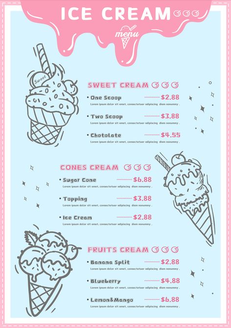 Cute Ice Cream Shop, Amul Ice Cream, Frosty Ice Cream, Japanese Sandwich, Walls Ice Cream, Ice Cream Background, Menu Board Design, Blue Menu, Ice Cream Sign