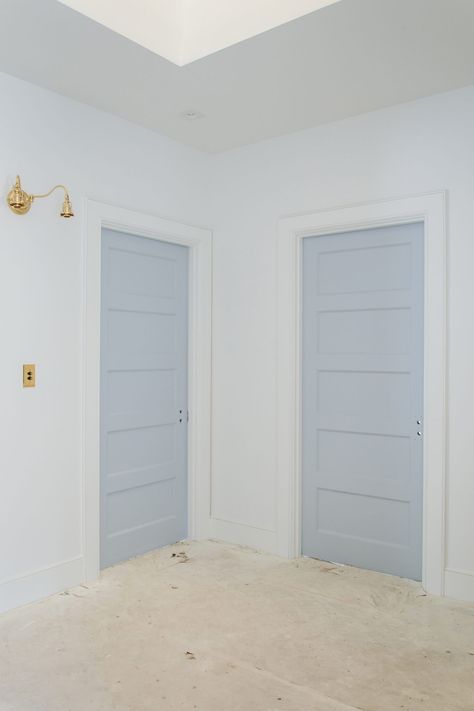 Blue Interior Trim And Doors, Farmhouse Bedroom Paint Colors, Coastal Blue Paint, Blue Painted Door, Blue Interior Doors, Baby Blue Paint, Light Blue Paint Colors, Sherwin Williams Blue, Interior Door Colors