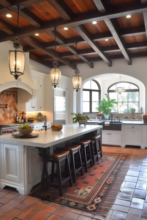 Modern Mediteranian Kitchens, Spanish Style Homes Kitchen, Mexican Farmhouse Decor Hacienda Style, Spanish Adu, Spanish Style Kitchen Mexican Hacienda, Spanish Style Homes Interior Kitchen, Mexican Modern House, Modern Spanish Style Kitchen, Hacienda Style Homes Interiors