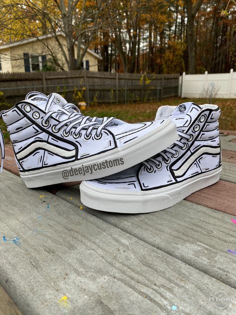 Custom Vans High Tops, Sk8 High Vans, Vans Painted Shoes Ideas, High Vans, Vans Painted, Vans Sk8 High, Painted Shoes Diy, Painted Vans, White Cartoon