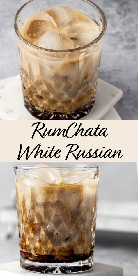 This creamy RumChata White Russian is an easy, 4 ingredient cocktail. Cinnamon and vanilla based RumChata, milk, vodka and kahlua. This makes the perfect after dinner or holiday cocktail. Cinnamon White Russian, Dirty White Russian Recipe, Rum Chata White Russian, Vanilla Liqueur Cocktails, Cinnamon Vanilla White Russian, Baileys White Russian, Rum Chata Cocktails, Homemade Rumchata Recipes, Run Chata Drinks