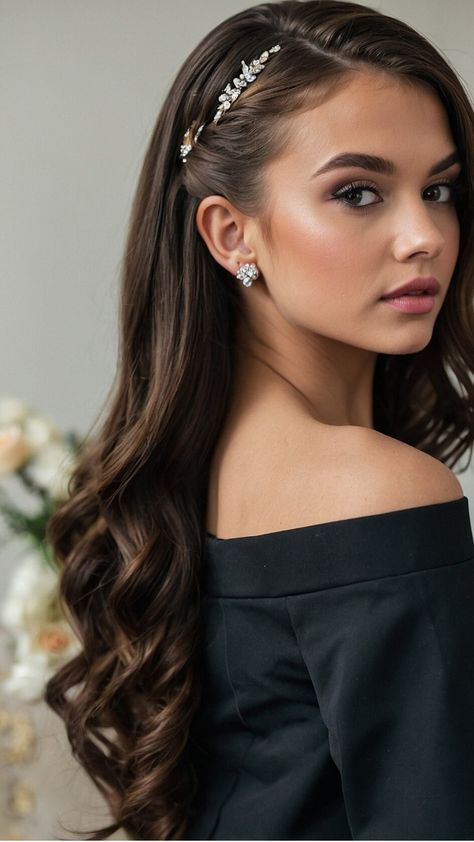 Bridal Hair Down Accessories, One Side Prom Hair, One Side Part Hairstyle, Hair For Elegant Dress, Short Hairstyle Elegant, Casual Prom Hairstyles, Pageant Hair Straight Hairstyles, Hair On The Side Hairstyles, Prom Hair Styles Medium Hair