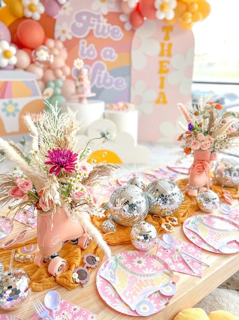 Kara's Party Ideas Five Is A Vibe Groovy Party | Kara's Party Ideas Groovy Birthday Party Ideas, Vibe Birthday Party, Picnic Bday, Five Is A Vibe, Groovy Birthday Party, Hippie Birthday Party, Retro Dance, Skate Birthday, Groovy Birthday