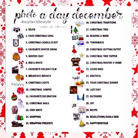 December List Challenge, December Picture Challenge, December Photo A Day Challenge, 25 Days Of Christmas Photo Challenge, 25 Days Of Christmas Picture Ideas, December Photo Challenge 2023, 100 Days To Christmas, Christmas Picture Challenge, Christmas Day Photos