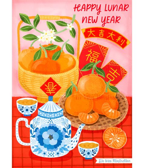 2023 Chinese Lunar New Year Illustration on Behance Lunar New Year Illustration, Chinese New Year Calendar, Asian New Year, New Year Card Design, Chinese New Year Food, Chinese New Year Poster, Chinese Lunar New Year, Chinese New Year Card, Chinese Illustration