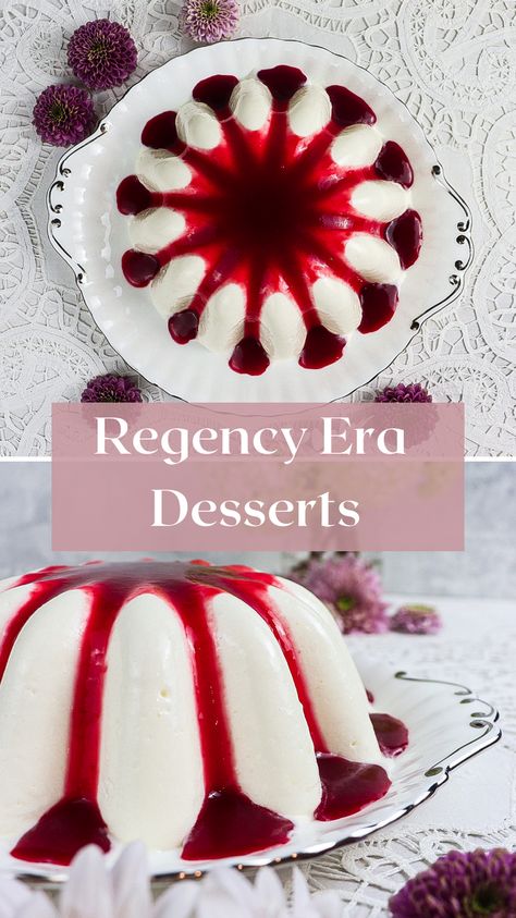 Regency Desserts, Regency Era Food Recipes, Regency Era Food, Regency Era Recipes, Bridgerton Inspired Food, Regency Party Ideas, Flummery Recipe, Bridgerton Snacks, Victorian Desserts