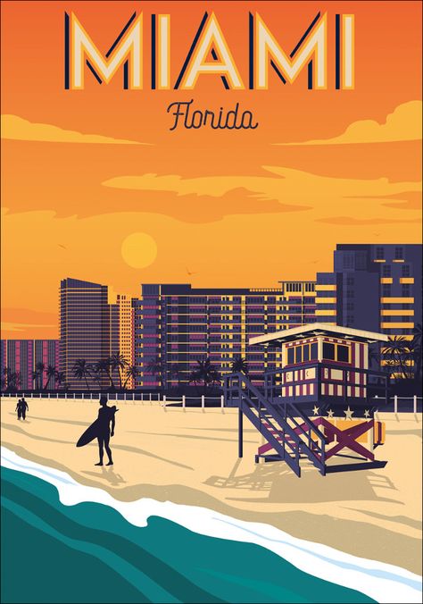 Miami Posters, Posters Decor, Miami Travel, Vintage Poster Design, Retro Travel Poster, Beach Posters, Art Deco Posters, Travel Wall Art, Travel Wall