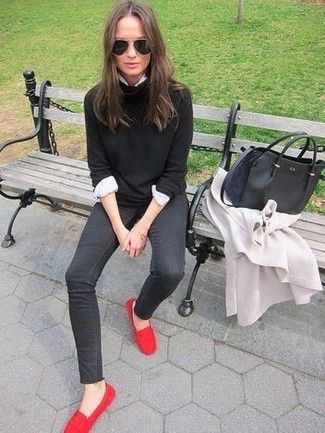 Black Loafers Outfit, Red Shoes Outfit, Moccasins Outfit, Red Loafers, Loafers Outfit, White Shirt Dress, Black Shirt Dress, Ladies Dress Design, Red Shoes