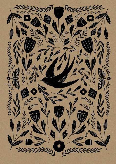 Folk Bird Print on Craft Paper Print - Etsy Folk Art Illustration Patterns, Forest Folk Art, Botanical Folk Art, Deer Folk Art, Folk Art Linocut, Love Birds Illustration, Black And White Animal Photography, Folk Art Wallpaper, Folk Aesthetic