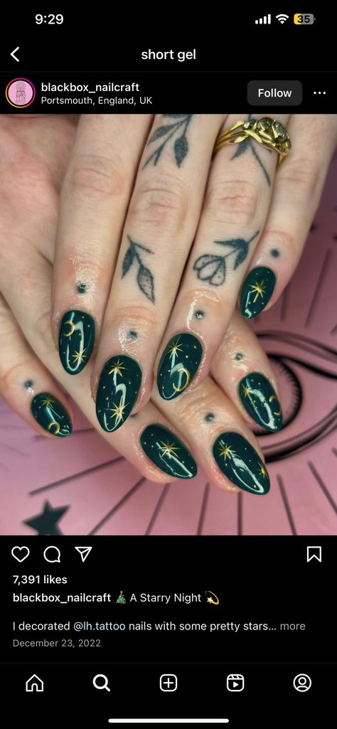 Green And Gold Celestial Nails, Pagan Nail Designs, Emerald Green Nail Ideas Almond, Simple Witchy Nails Almond, Moon Theme Nails, Luna Moth Nail Art, Forest Witch Nails, Mystical Nails Simple, Beltane Nails