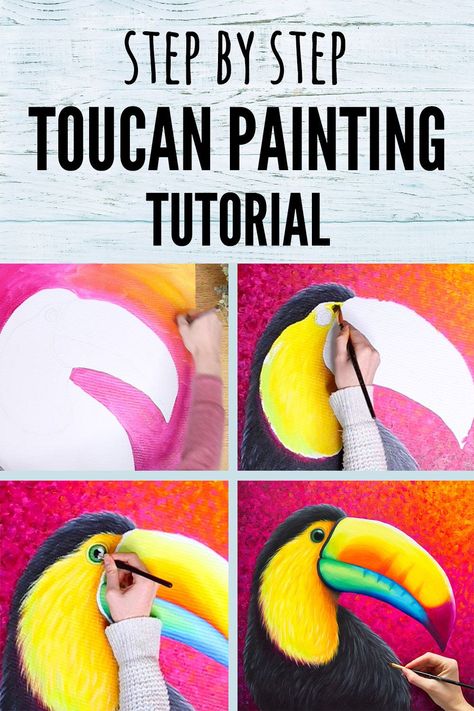 An easy step by step tutorial showing you how to paint a colorful toucan bird in acrylic paints! How To Draw A Toucan Step By Step, Toucan Acrylic Painting, How To Draw A Toucan, Acrylic Painting Animals Easy, Step By Step Painting For Kids, How To Paint Animals, Tropical Painting Easy, Acrylic Animal Paintings Easy, Step By Step Canvas Painting Easy