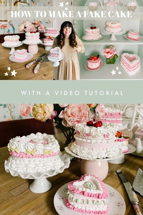 How to make a fake cake- a DIY prop made from a jewelry box to look like a vintage cake. This artificial or faux dessert can be made of styrofoam or cardboard. A tutorial for how to decorate with piping tips, ideas on cute cakes, and which spackle to use for frosting. Foam Cake Decoration, Using Spackle For Crafts, How To Make Fake Cakes For Display, How To Decorate A Fake Cake, Faux Birthday Cake Diy, Styrofoam Cake Diy, Faux Desserts Diy, Fake Cake Tutorial, Diy Faux Cake