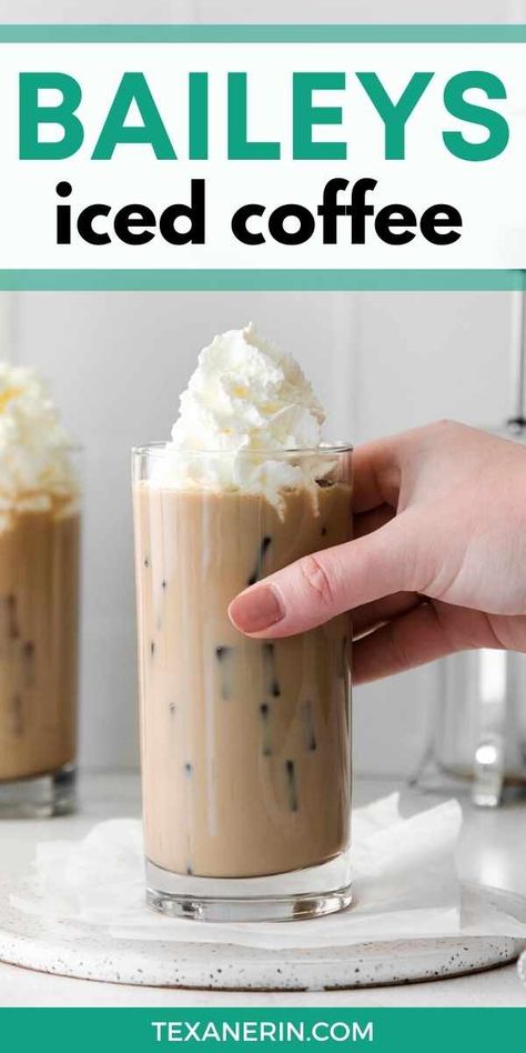 This Baileys iced coffee is made with cold brew coffee, Irish cream liquor, Kahlua and topped with Baileys whipped cream. It’s a cold, boozy coffee that turns an ordinary cup of joe into a tasty indulgence. With a vegan and dairy-free option. Baileys Iced Coffee Recipe, Baileys Coffee Drinks, Baileys Drinks Cocktails, Baileys Whipped Cream, Baileys Recipes Drinks, Baileys Iced Coffee, Vegan Baileys, Baileys Irish Cream Coffee, Bunco Ideas