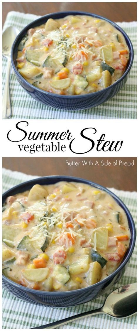 Summer Vegetable Stew is delicious, with tomatoes, zucchini, carrots and more. Fresh flavors perfect for a weeknight summer meal when the garden is overflowing. Summer Stew, Summer Meal, Vegetable Stew, Summer Meals, Summer Vegetable, Veggie Dishes, Delicious Soup, Stew Recipes, Yummy In My Tummy