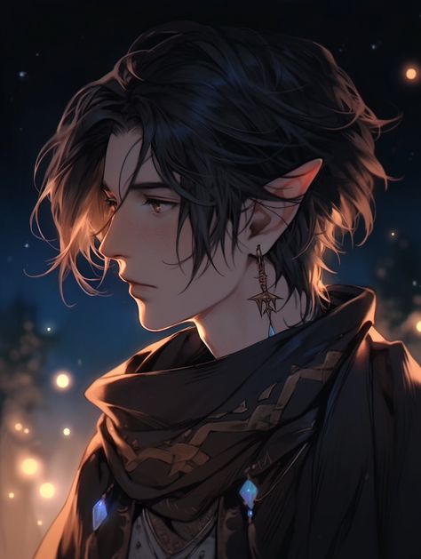 Male Elf Short Hair, Male Elf Black Hair, Black Haired Elf Male, Male Elf Character Art, Dark Haired Elf, Black Haired Elf, Elf Boy Art, Elf Black Hair, Dnd Elf Character Design