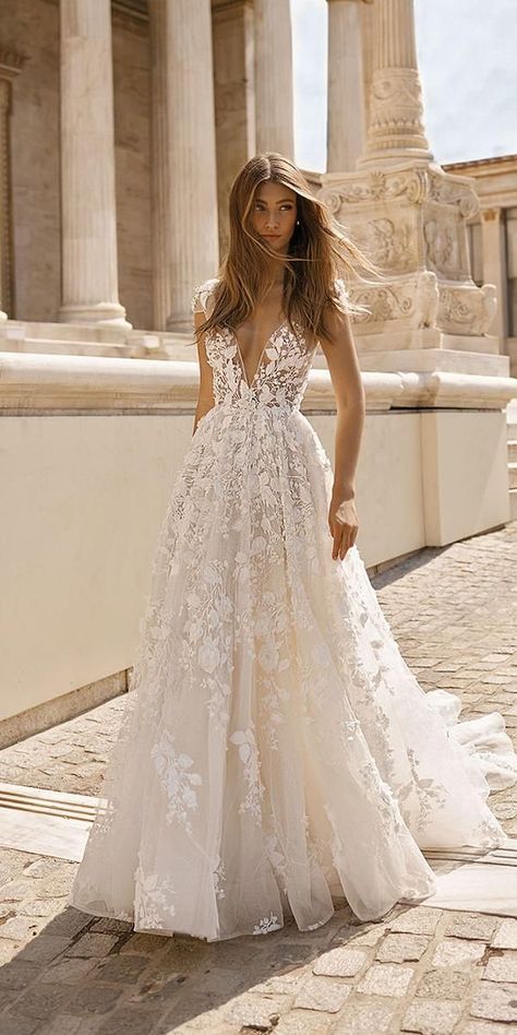 berta bridal wedding dresses a line plunging neckline floral appliques Blended Families, Berta Wedding Dress, Sheath Wedding Dress Lace, Berta Bridal, Boho Styl, Wedding Dress Guide, Stella York, Cute Wedding Dress, Top Wedding Dresses